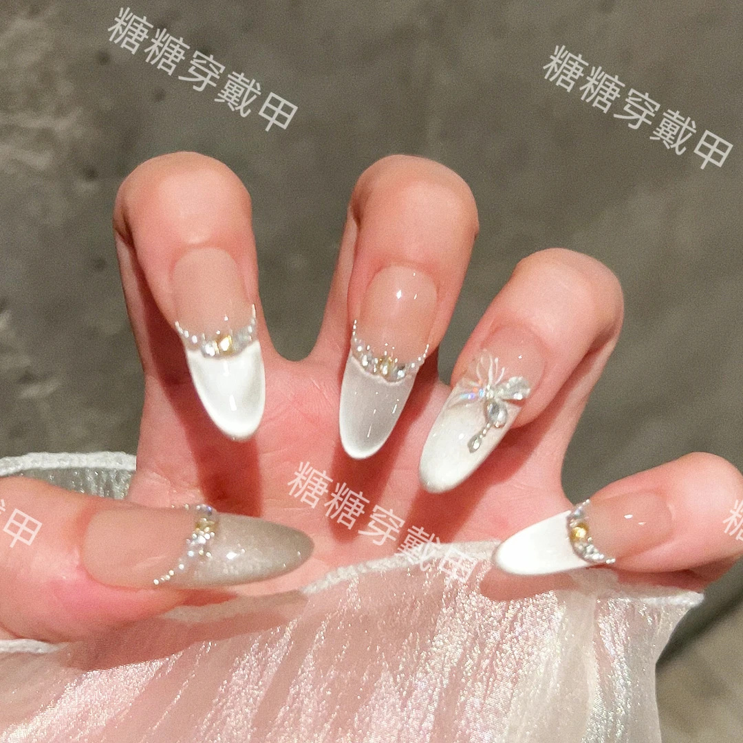 【冰蝶晨露】纯手工穿戴美甲猫眼光疗立体锆石爆闪蹦迪满钻10片装