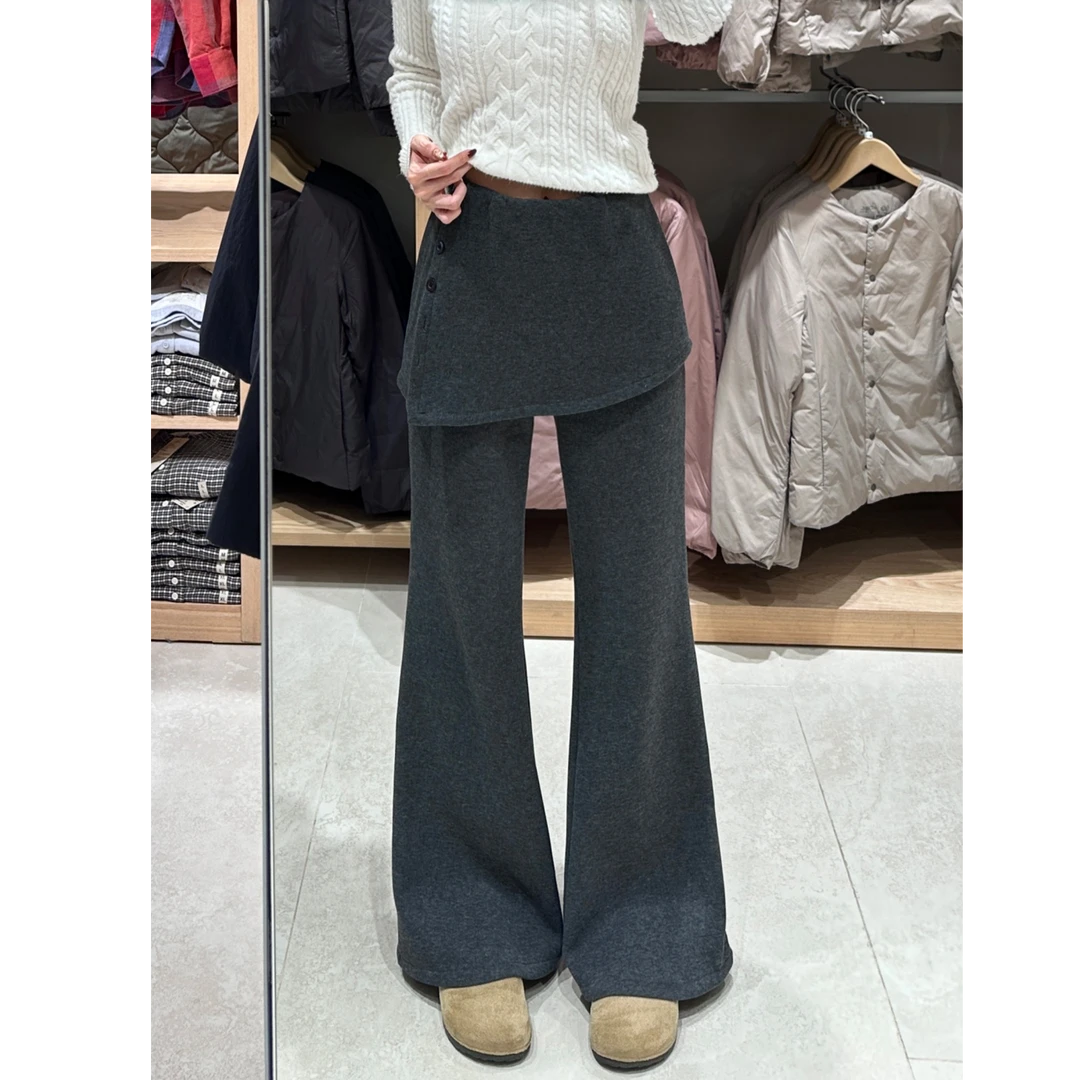 美式复古设计感微喇裤女秋冬加绒大码胖mm高腰显瘦假两件运动卫裤