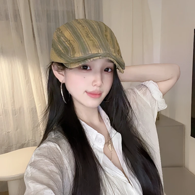 韩版复古条纹鸭舌帽子女画家百搭前进帽大头围显脸小反戴报童帽