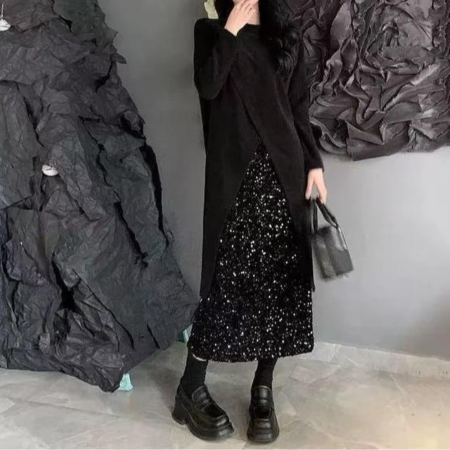 大码高级感叠穿中长款开叉上衣+亮片半身裙两件套