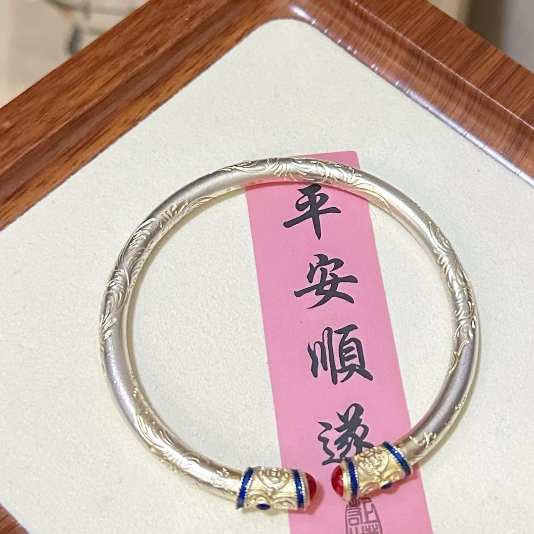 足银手镯 足银手镯 35号 唐草纹描金珐琅彩开口实心足银手镯