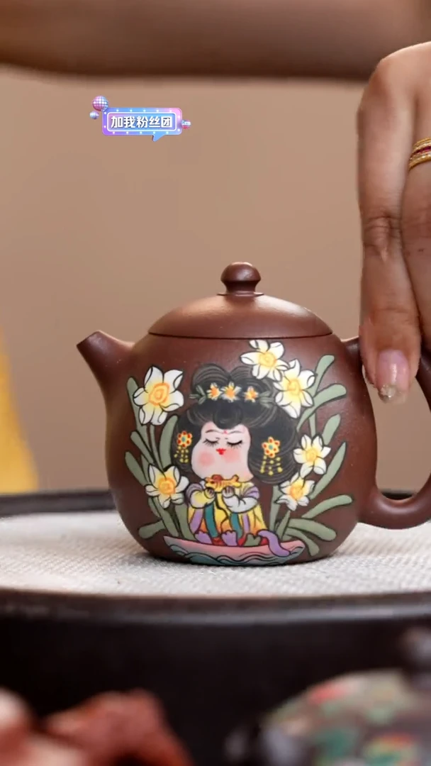 茶壶紫砂紫泥龙蛋泥绘唐美人