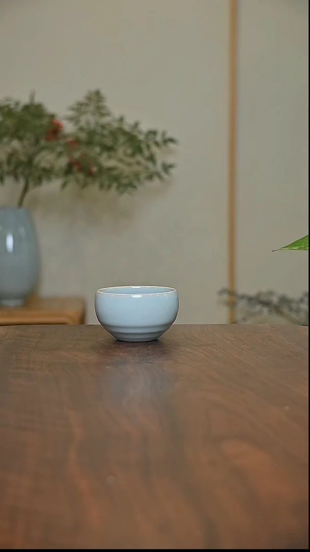 天青釉 手拉 玄纹杯 微瑕 朱家汝窑款 80ml