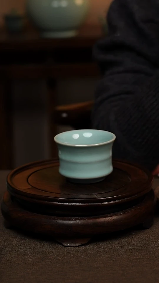 瓷片天青色束腰竹节杯100ml微瑕不带礼盒