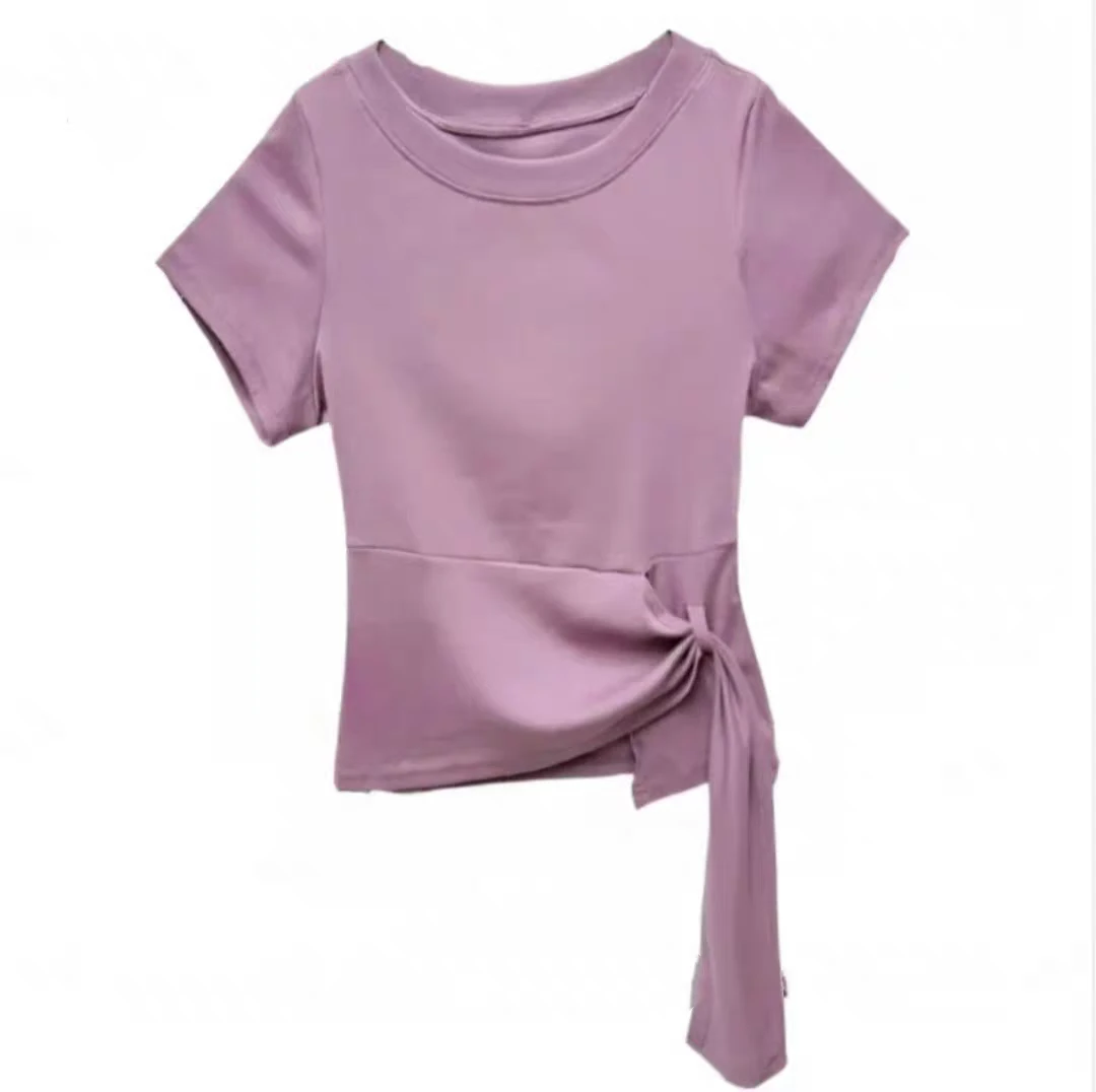 设计感小众不规则纯色正肩短袖T恤女夏季2025新款绑带收腰上衣潮