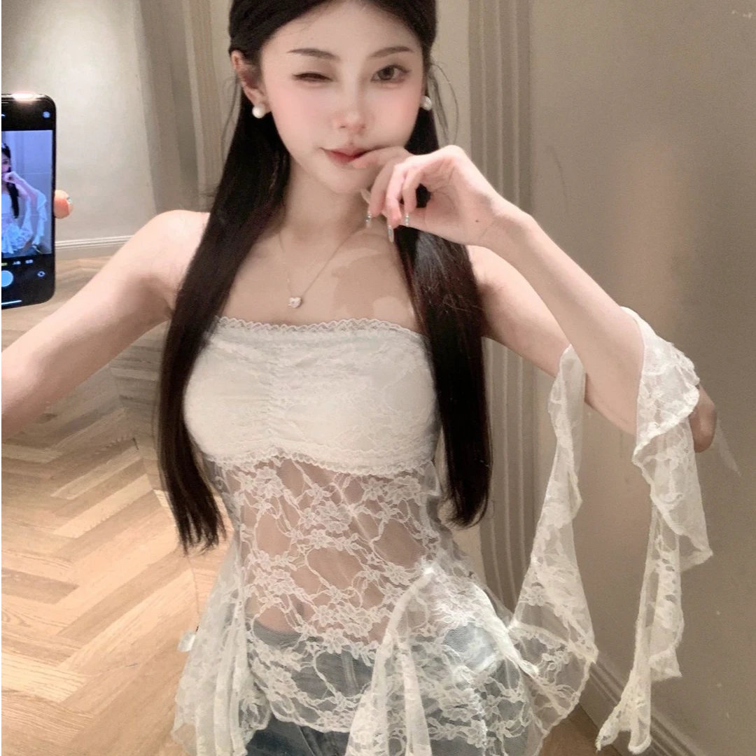 【小仙女】法式小众别致性感辣妹蕾丝抹胸背心飘带收腰无袖打底