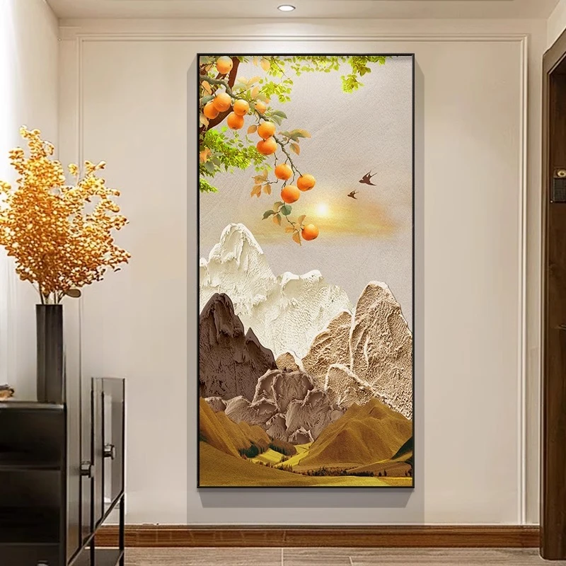 柿柿如意入户正对门玄关装饰画高级感山水挂画客厅走廊过道壁画新