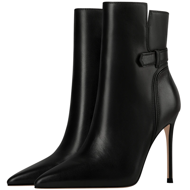 欧美高级时尚细跟8厘米尖头漆皮侧拉链皮带扣黑色轻奢短靴DFV520