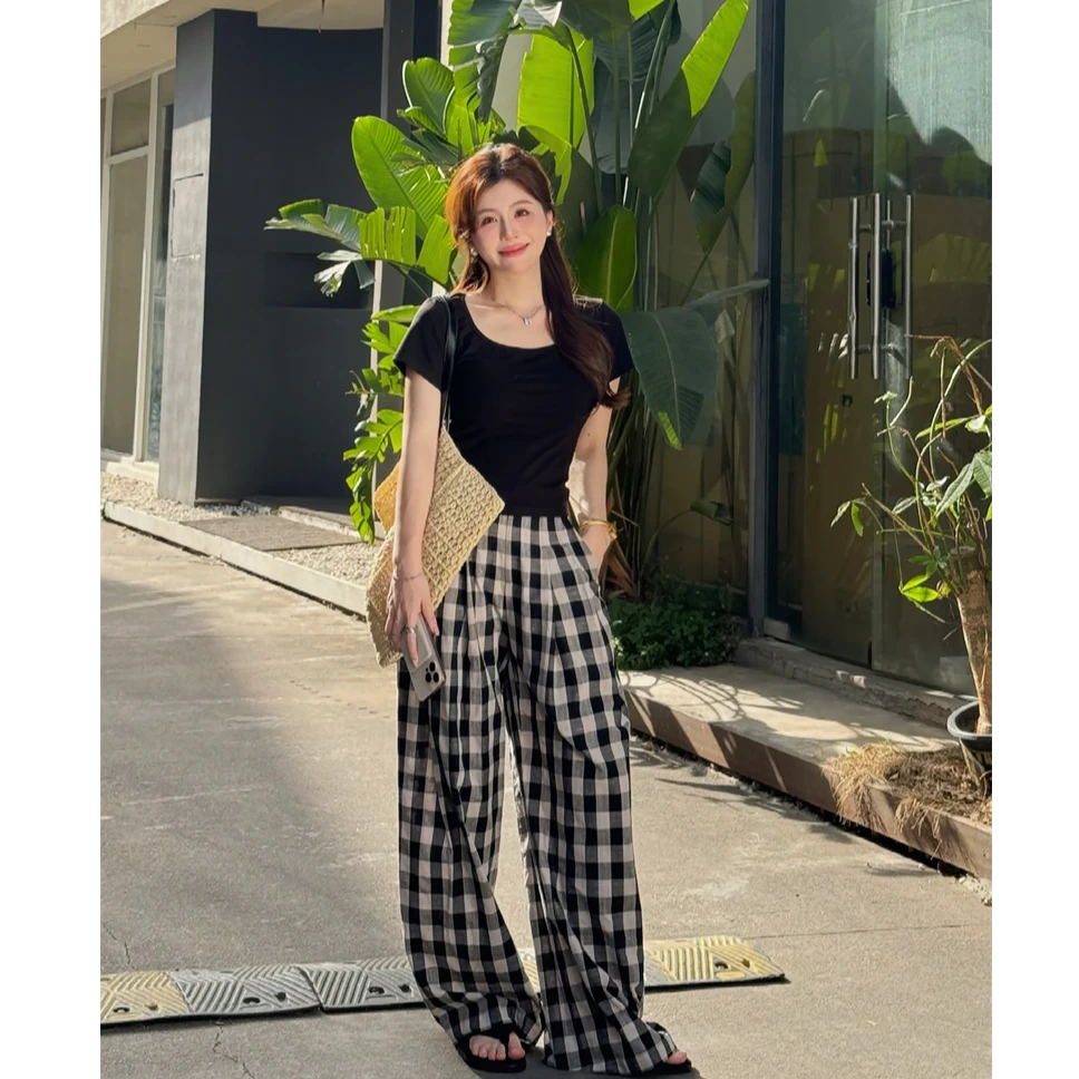 YPP!【格外显瘦】韩版简约百搭直筒高腰慵懒感显瘦格纹休闲裤