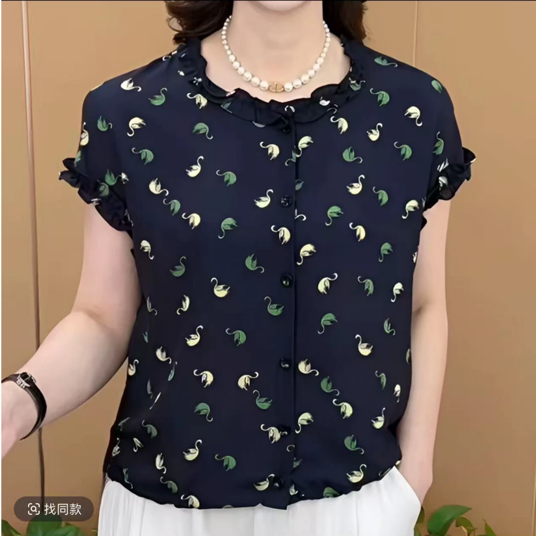 无抽绳】圆领花边设计洋气妈妈装气质百搭休闲短袖套头衫上衣天鹅