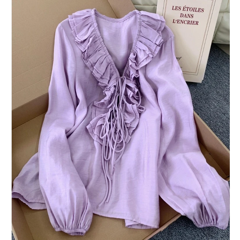 2025夏季爆款独特漂亮设计感小众百搭上衣高级感紫色木耳边衬衫女