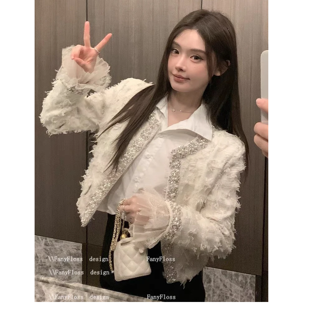轻奢网纱毛毛钉钻蕾丝短外套女法式镶钻粗花呢西装开衫YM6738