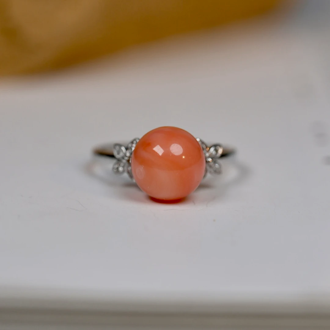 上品传承 18K金天然珊瑚圆珠戒指