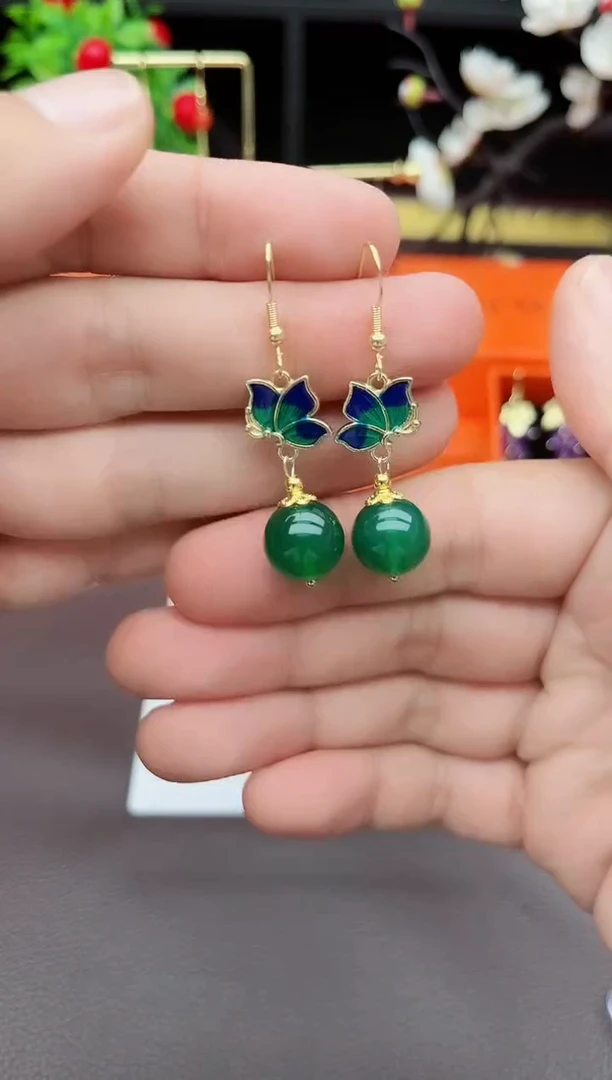 石英质玉（天山翠）银S925镶嵌耳饰337000