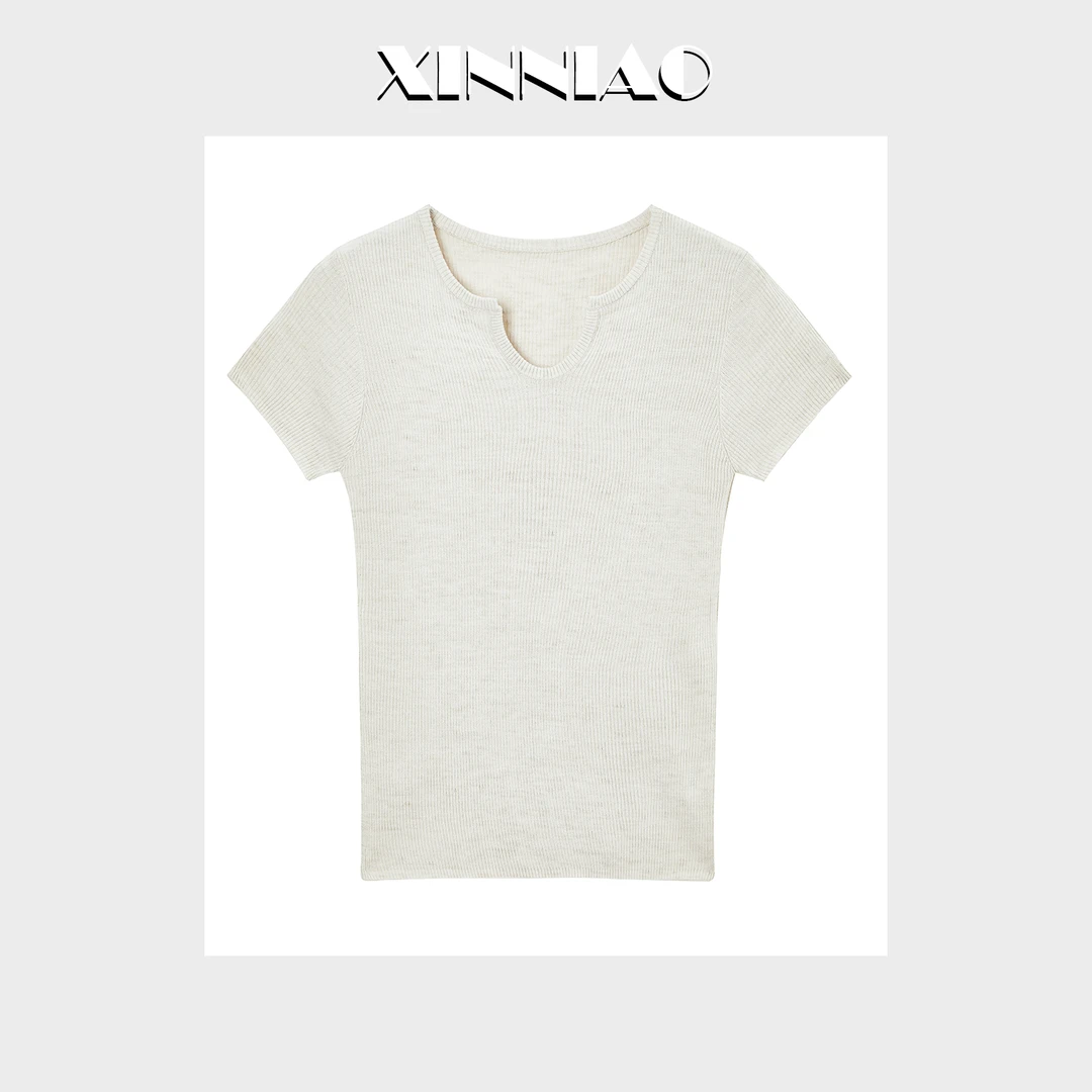 [精致色彩]XINNIAO缎彩亚麻小U领短袖清冷上衣夏女士T恤垂感上衣