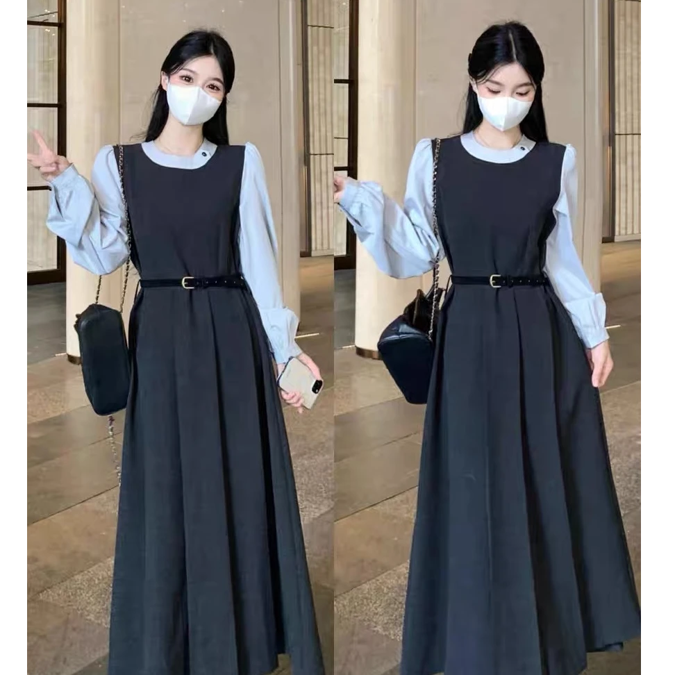 大码法式假两件长袖连衣裙女装秋季小个子胖MM收腰显瘦设计感裙子