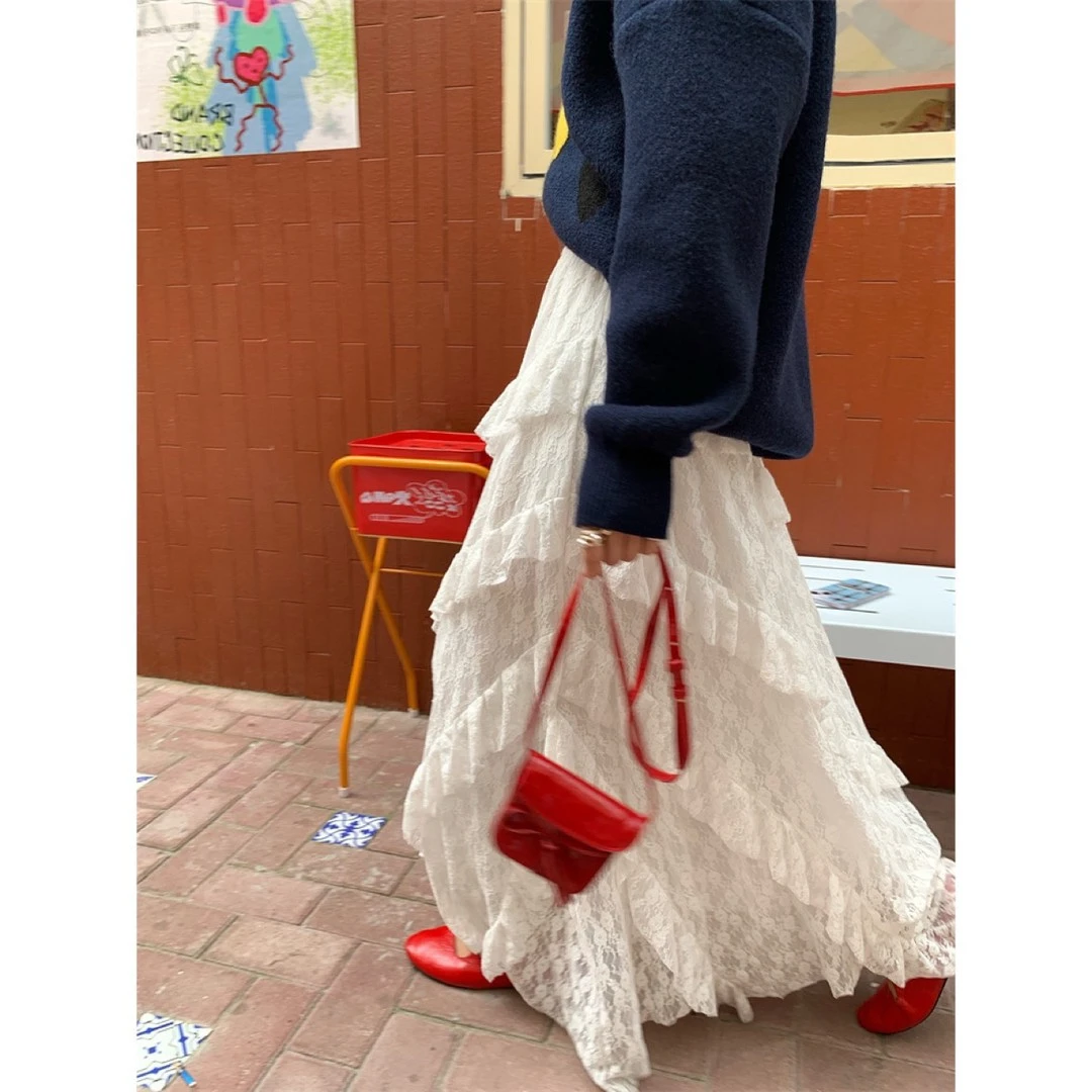 小个子白色甜美仙女半身裙女夏高腰显瘦松紧a字长裙蕾丝拼接裙子