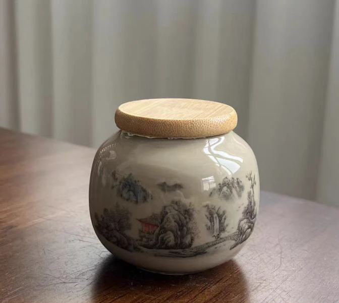 G1868-粗陶山水茶叶罐手工高档复古中式储存木盖茶道储茶罐陶瓷