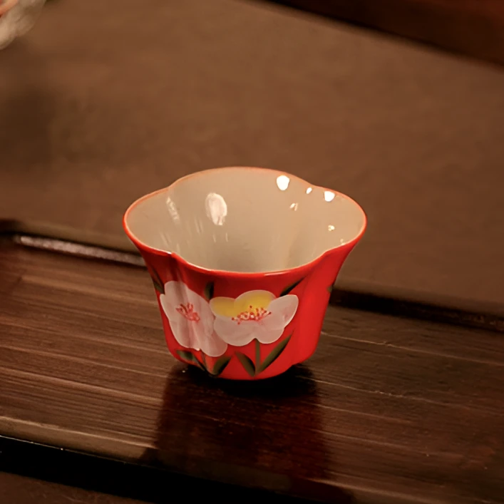 亮面釉手绘釉下彩山茶花四角梅花主人杯功夫茶具家用陶瓷茶具