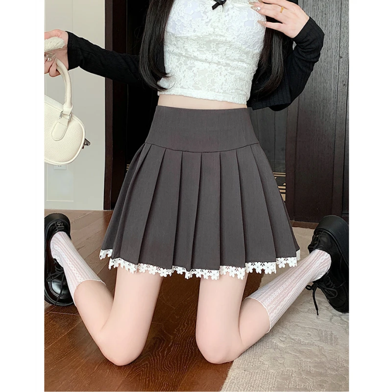 百褶裙蕾丝花边拼接2025春夏新款设计感百搭高腰A字半身裙短裙子