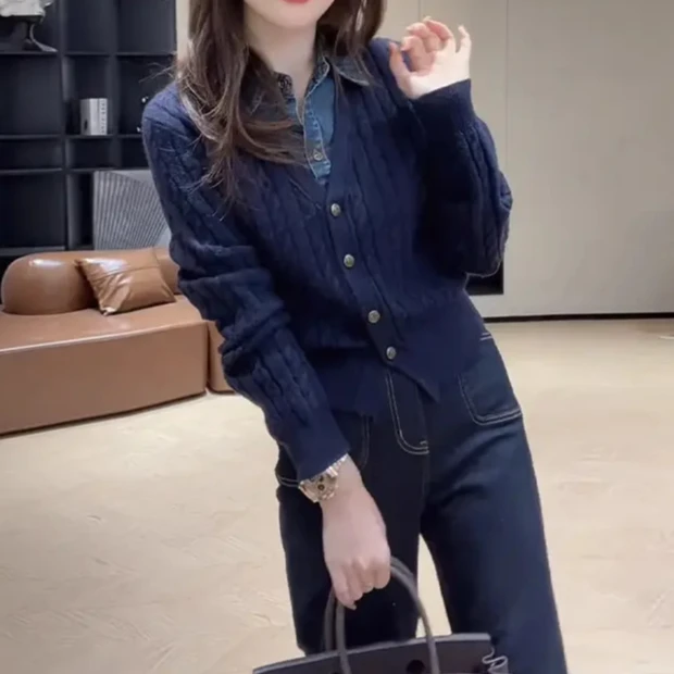 时尚复古牛仔拼接针织衫女2025春秋新款洋气显瘦假两件长袖毛衣潮