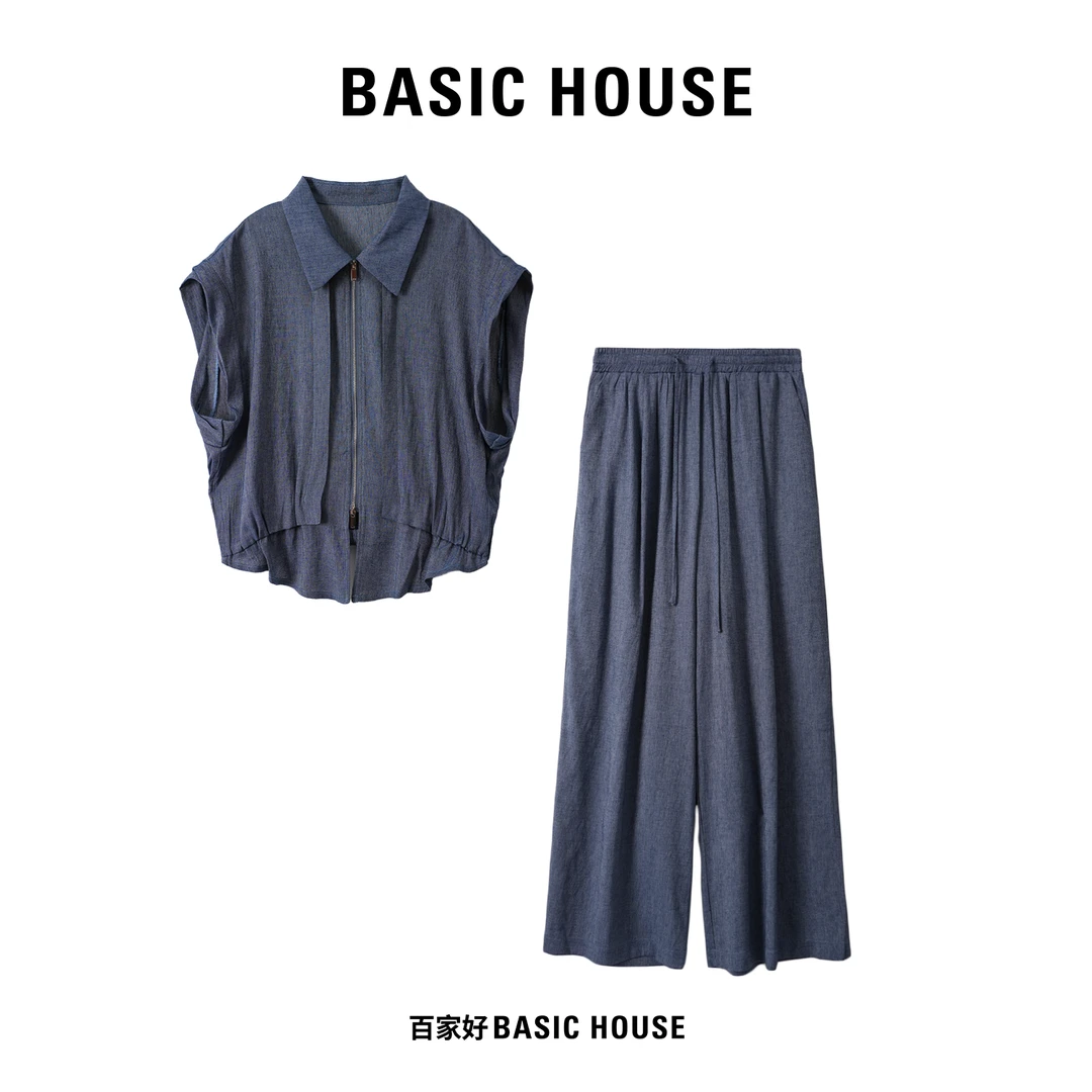 Basic House/百家好2025夏季新款肩袖轻奢翻领拉链款套装8122 XY