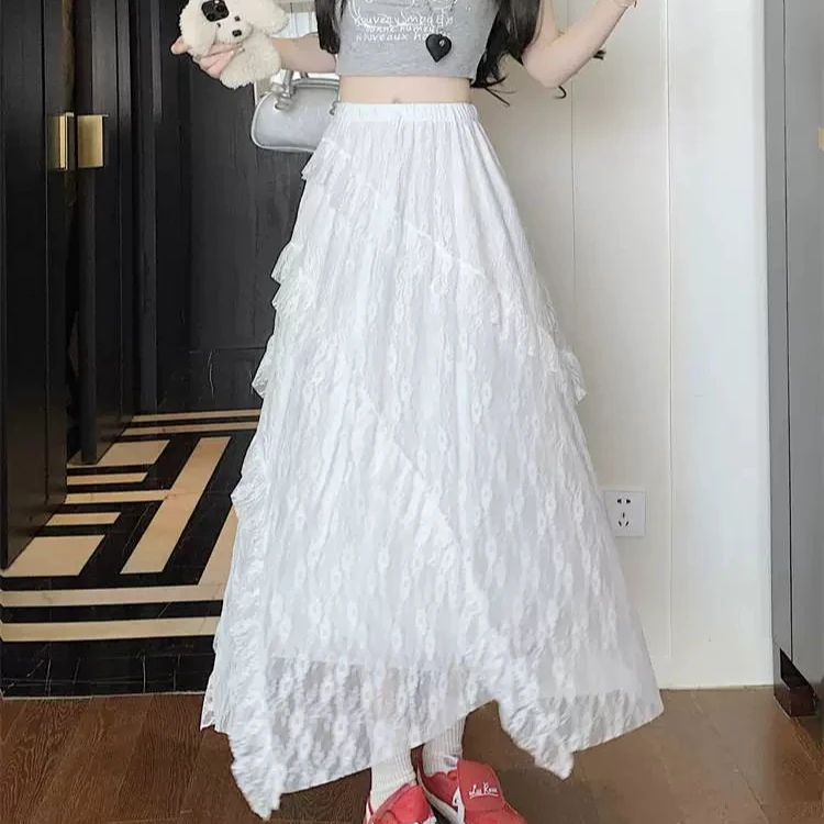 复古拼接斜纹蕾丝半身裙女2025夏新款中长款松紧腰显瘦a字裙5316