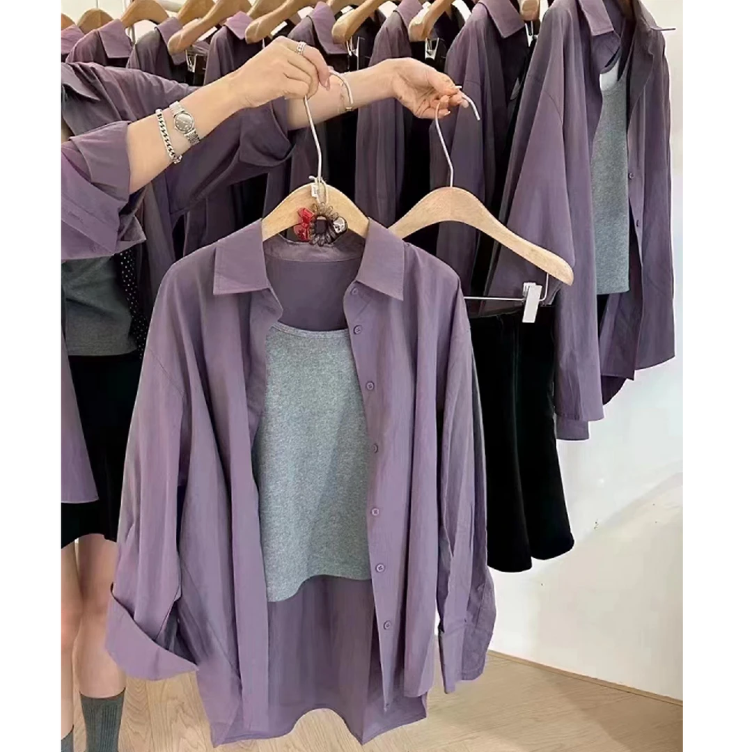 【春日首尔】早春韩版宽松简约紫色休闲百搭纯色设计感长袖衬衫