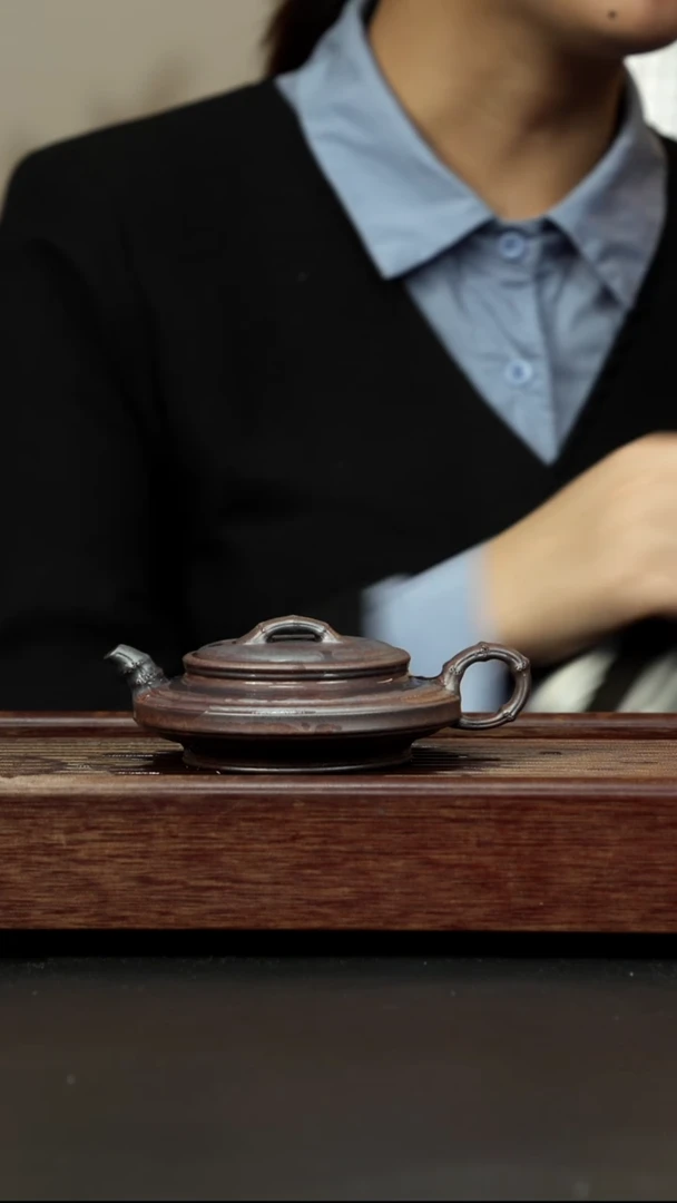 紫砂茶壶乌泥柴烧 扁双线竹鼓