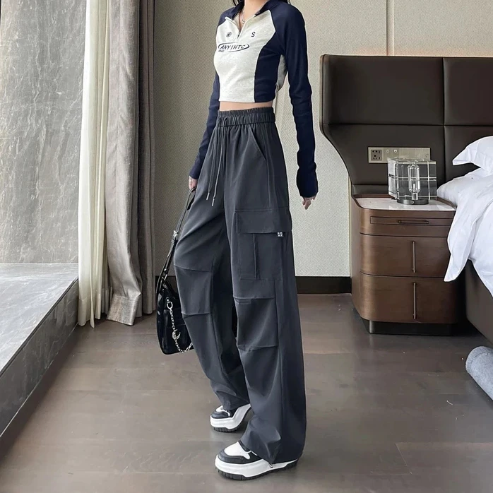 2025春季新款休闲百搭束脚高腰工装裤甜辣运动高街窄版直筒阔腿裤
