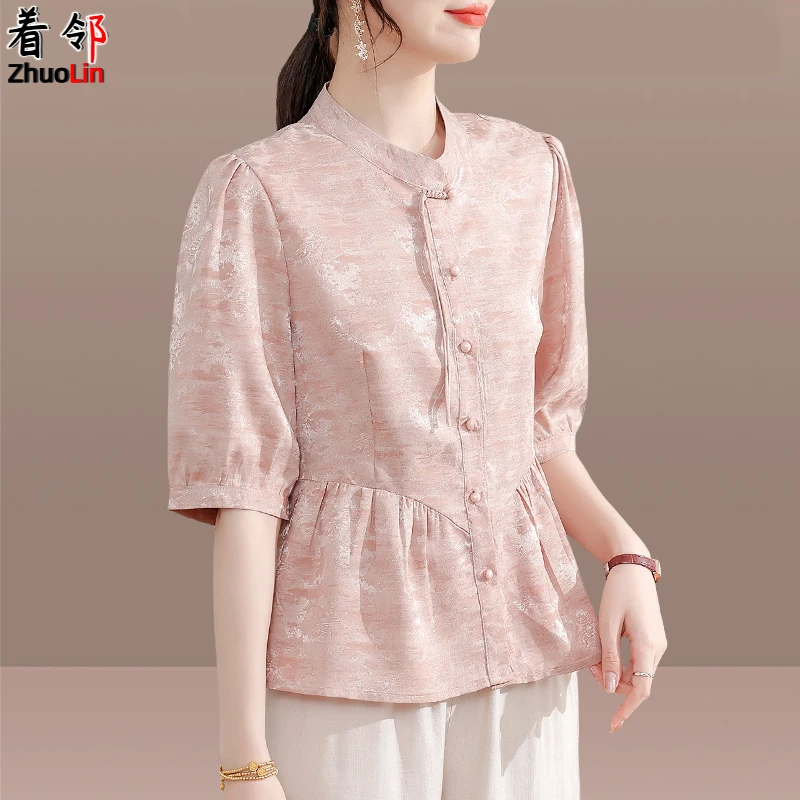 母亲节妈妈夏装雪纺小衫新中式气质衬衫女中老年人夏季短袖两件套