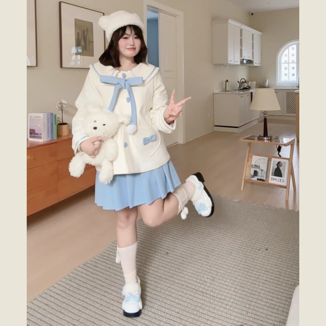 季末清【沾点软妹酱】大码甜妹秋冬款可爱学院风蝴蝶结夹棉jk套装