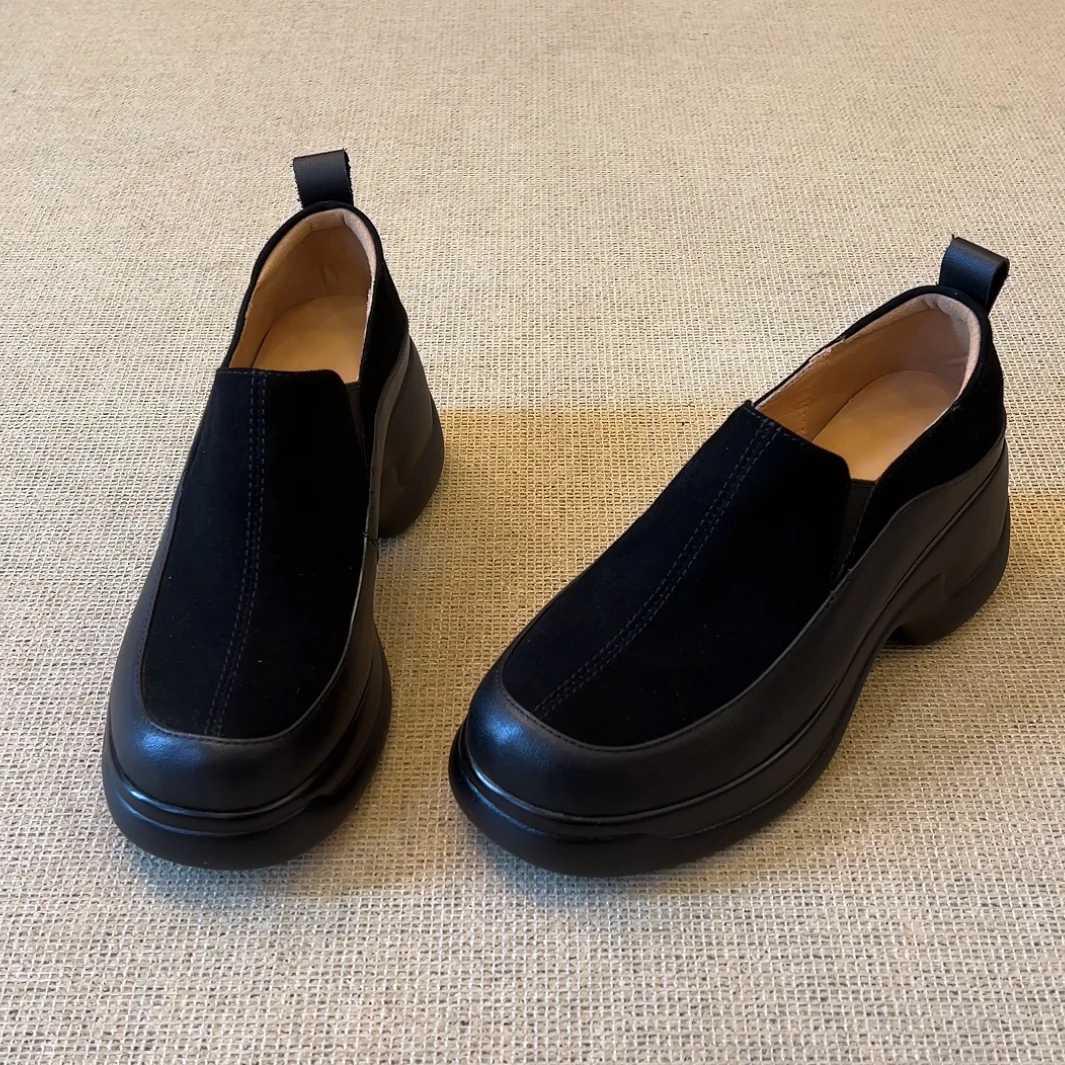 RubyL/6cm小个子简约通勤百搭拼接磨砂松紧口圆头厚底单鞋女款