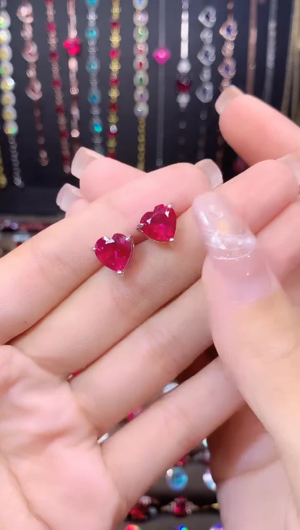 耳饰银S925镶嵌红宝石银色8