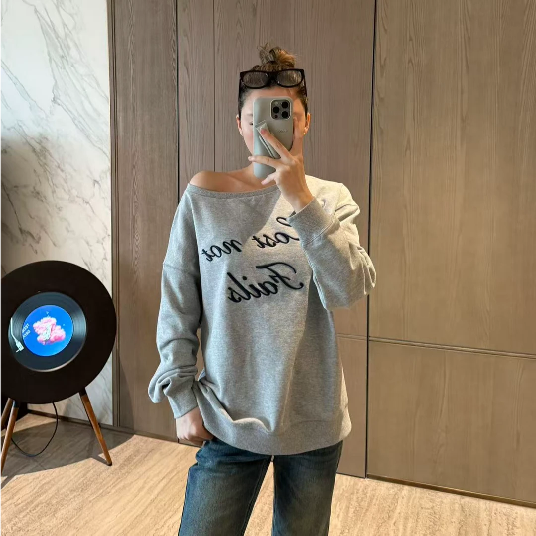 潮牌字母斜肩长袖
