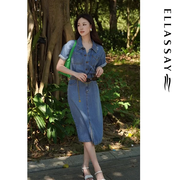 【明星同款】ELLASSAY歌力思早春款莱赛尔牛仔连衣裙女EWW3