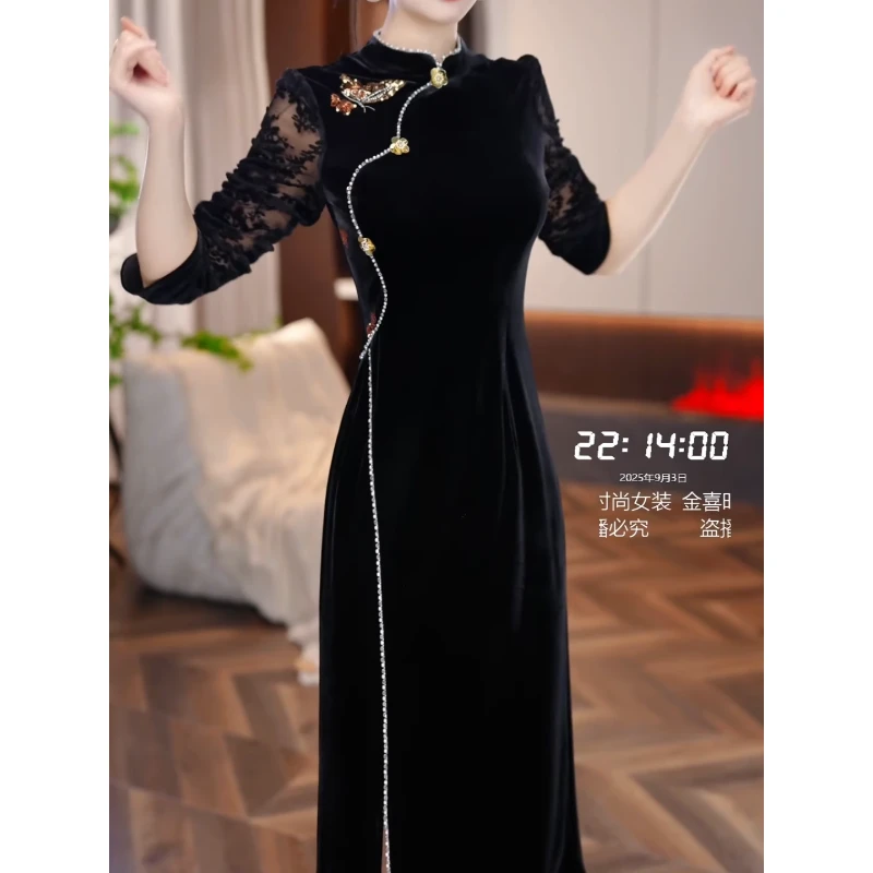 金喜高端黑色蕾丝高贵气质连衣裙2025秋季新款爆款大气减龄中长裙