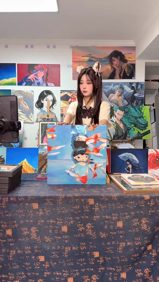 丙烯画白***子鱼儿小野丙烯画y