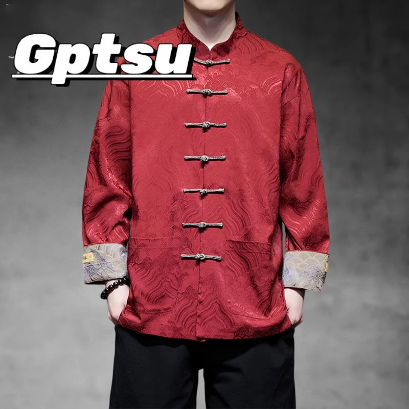 GPTSu红色衬衫男长袖提花中山装外套秋季男装衬衫新中式唐装汉服