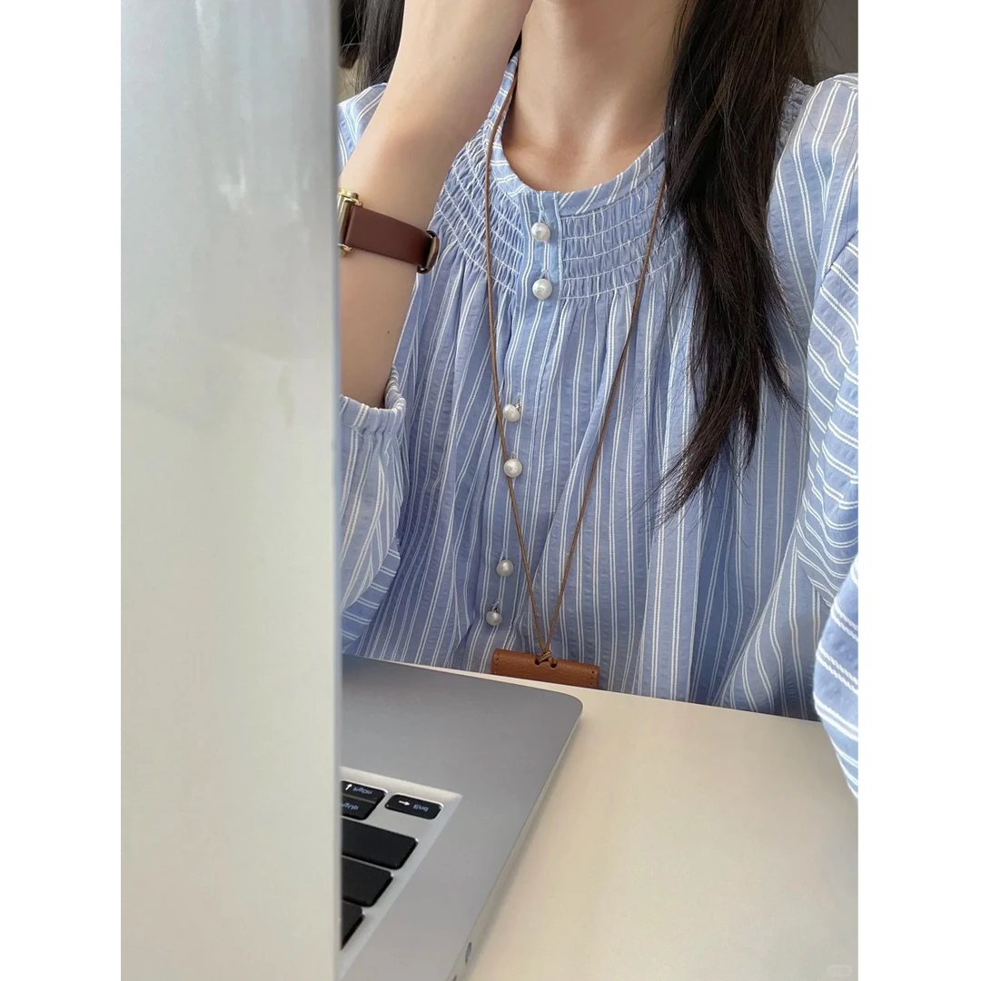 2025初秋新款韩版宽松显瘦百搭条纹衬衫女设计感小众宽松休闲上衣