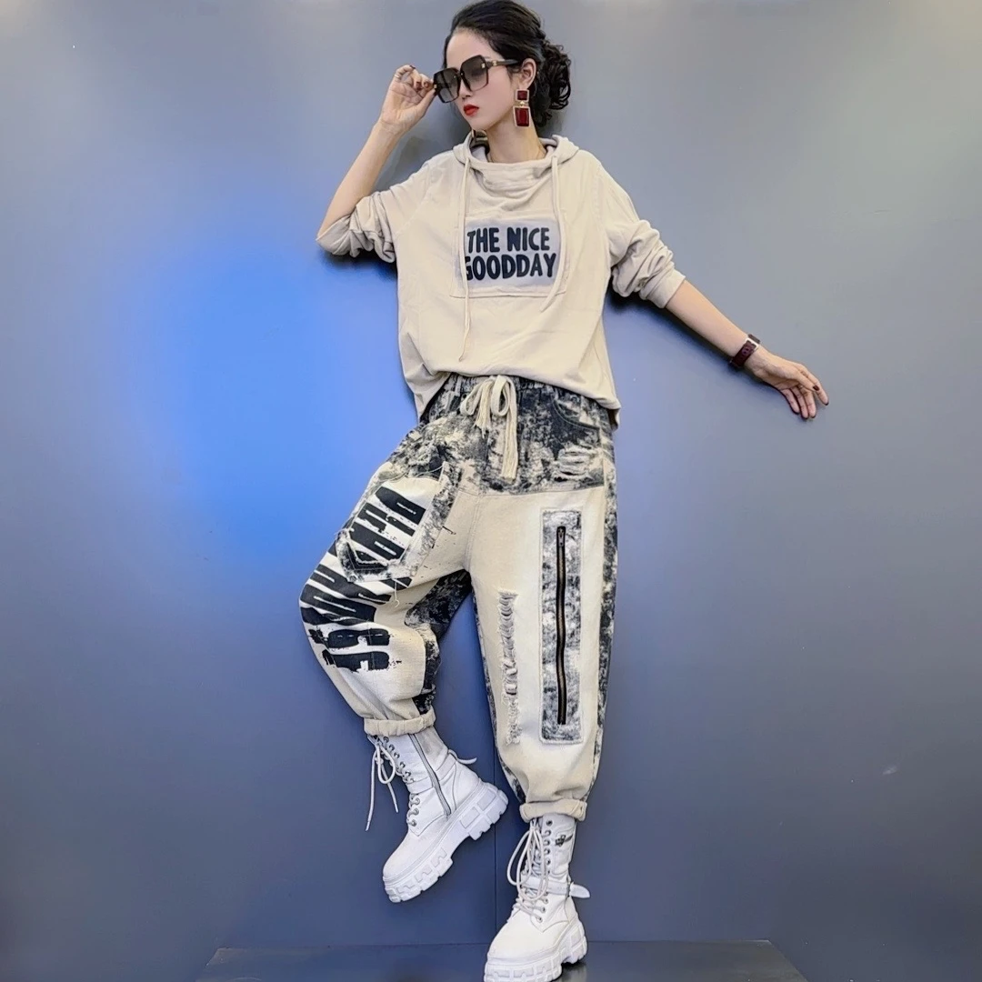 T2【雅丹】秋款连帽德绒【杏 黑】色上衣-拉链装饰扎染【杏】色裤子