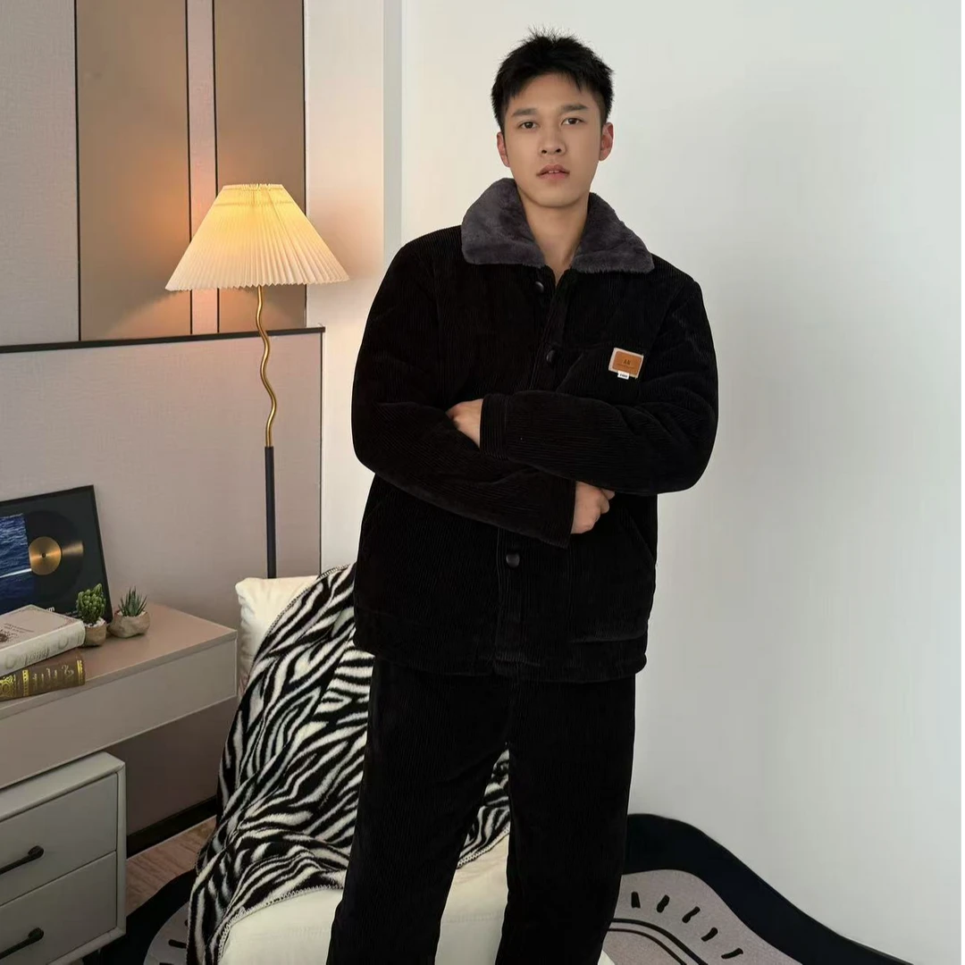 【0234 黑尊标签】保暖加厚雪尼尔翻领家居服套装男款睡衣冬季纯色
