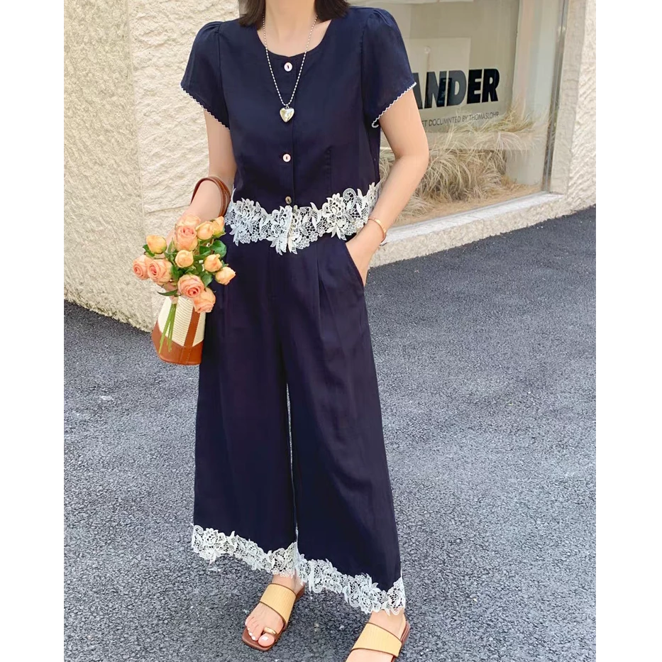 夏季新款显瘦套装设计感上衣+高腰显瘦长裤10317