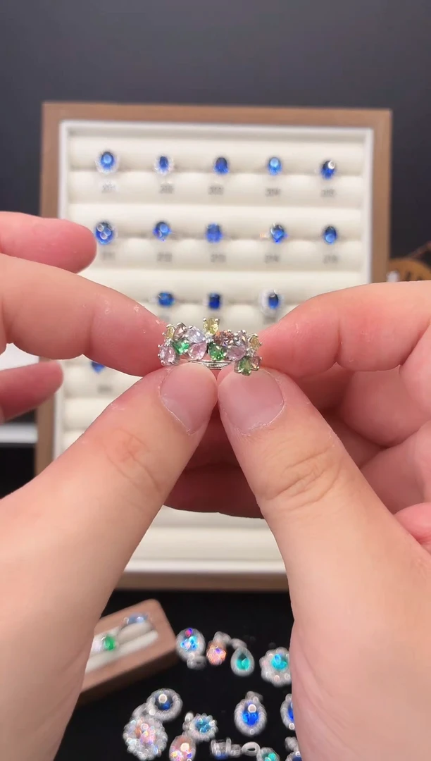 戒指彩色蓝宝石银S925镶嵌123456
