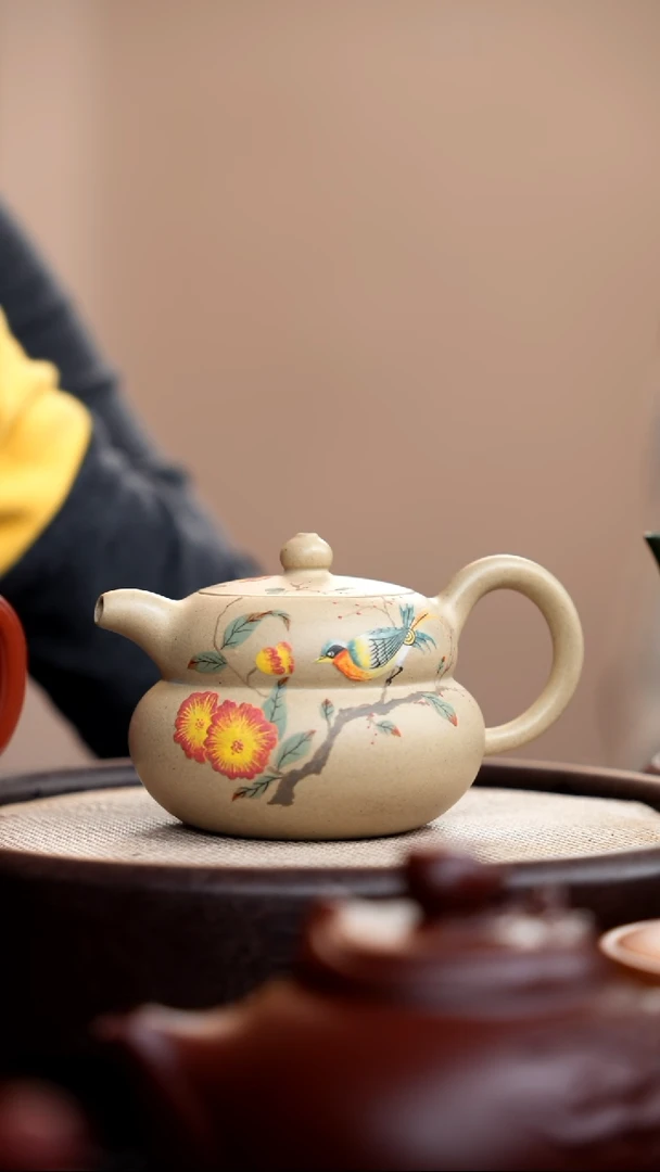 【闪购商品】紫砂茶壶本山绿葫芦壶泥绘花鸟011