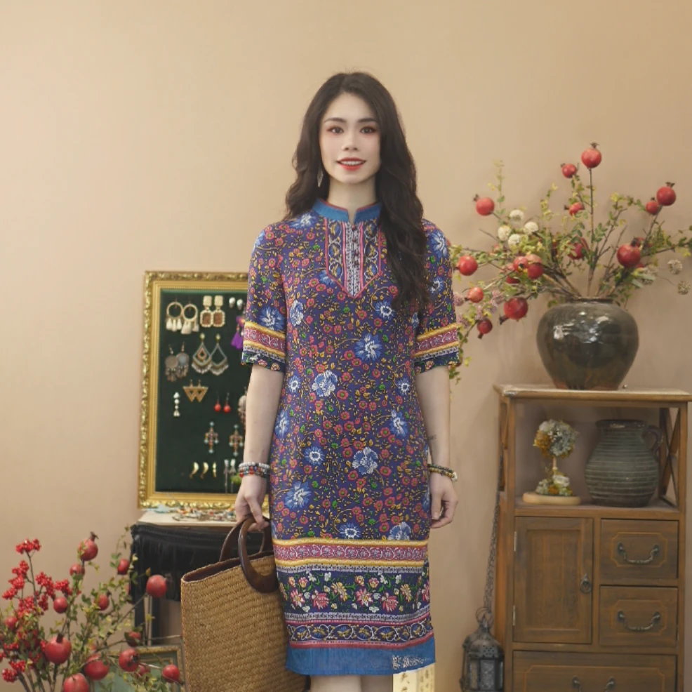 红裳复古中长款民族风碎花显瘦连衣裙X919178