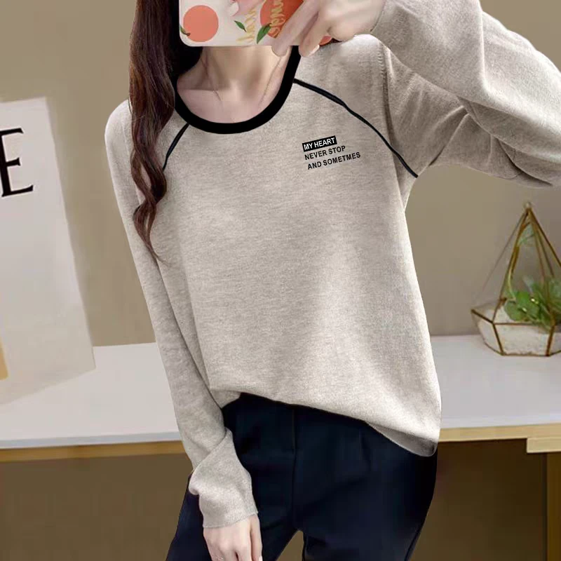 小众设计感高质量T恤女长袖打底衫春秋季薄款内搭米灰色上衣女装