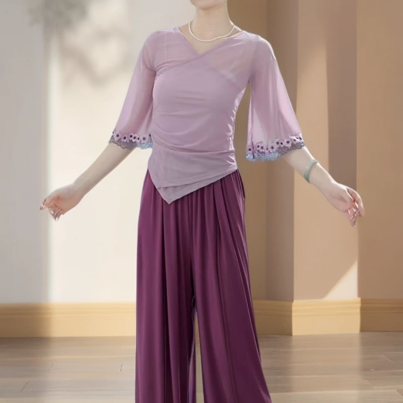 24773古风古典舞蹈服女新款身韵繁花七分袖绑带纱衣练功服