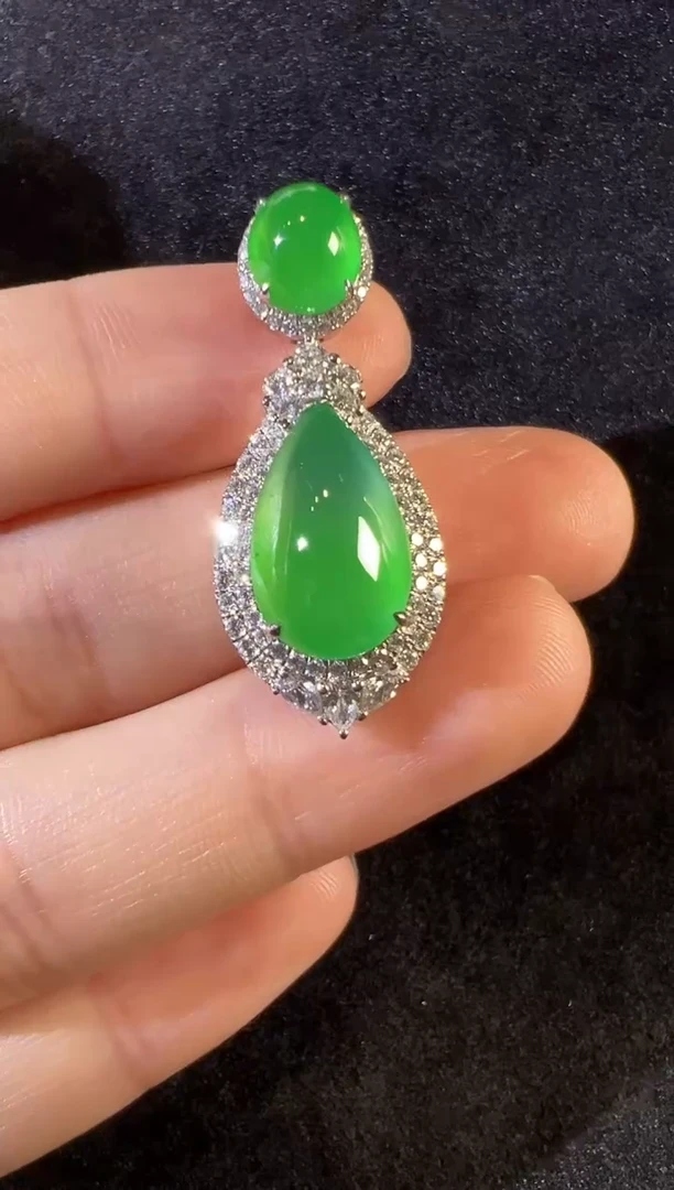 吊坠(不含链)18K金镶嵌翡翠高冰黄阳绿水滴吊坠