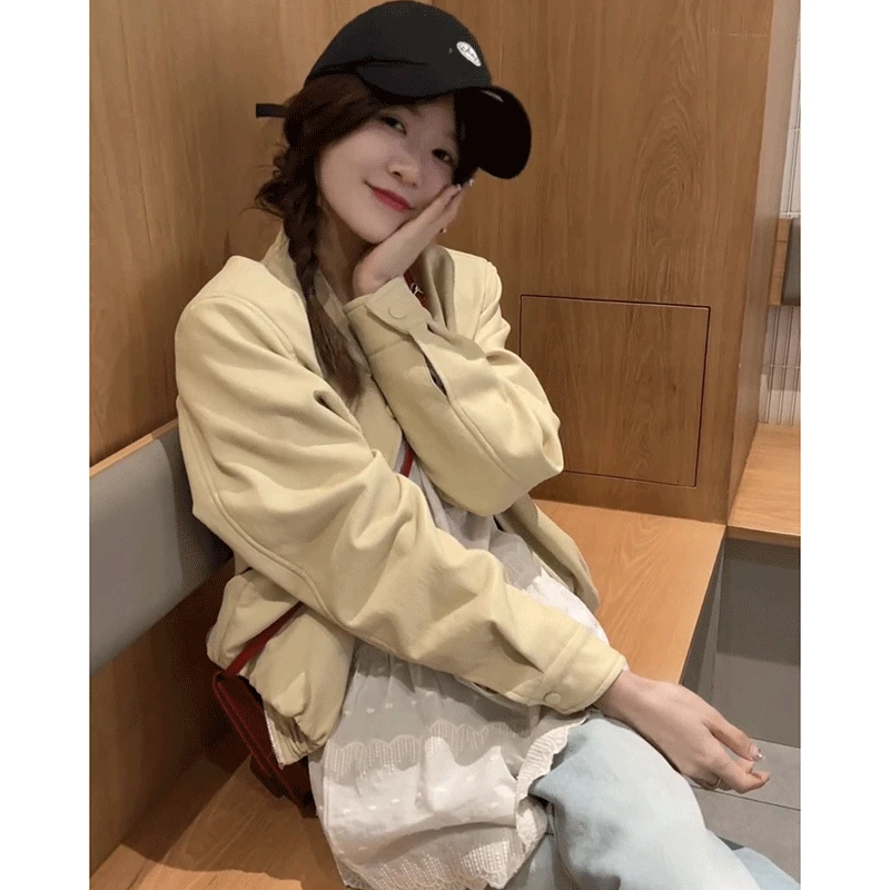 立领短款气质皮衣外套女2025春季新款韩版宽松拉链夹克鹅黄色上衣